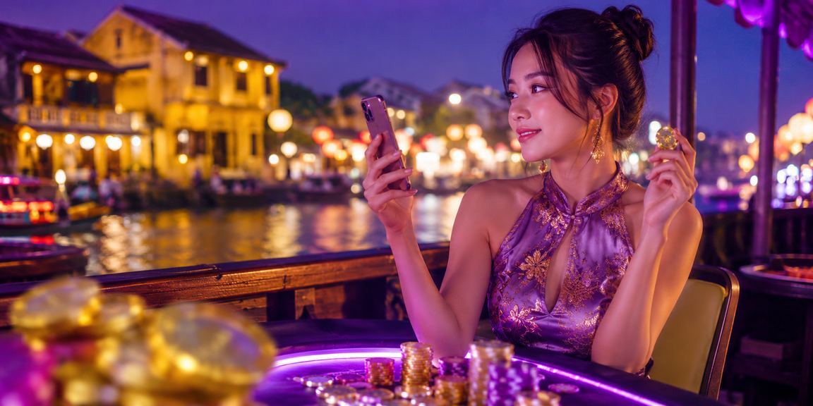 Không gian neon lung linh tại Hội An với người chơi tham gia slot jackpot buổi tối